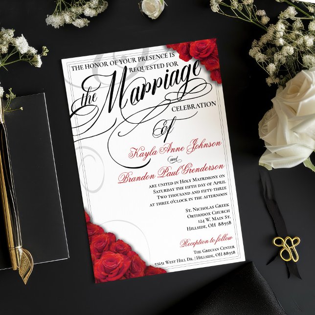 Modern Calligraphy Red Roses Wedding Invitation  (Red roses wedding invitation with fully changeable background color)