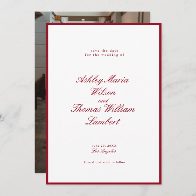 Modern Calligraphy Red Wedding Save the Date Invitation (Front/Back)