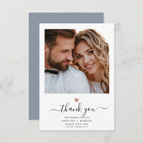 Modern Calligraphy Rose Gold Heart Wedding Photo T Thank You Card