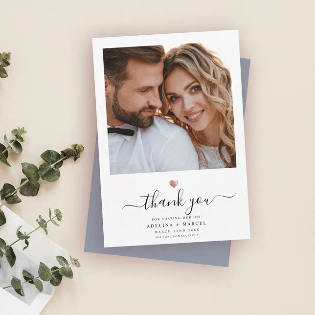 Modern Calligraphy Rose Gold Heart Wedding Photo T Thank You Card | Zazzle