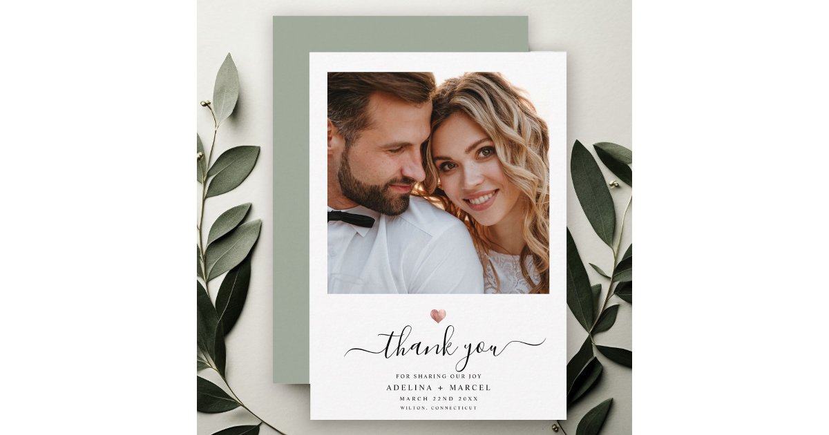 Modern Calligraphy Rose Gold Heart Wedding Photo Thank You Card | Zazzle