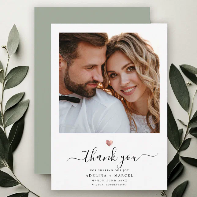 Modern Calligraphy Rose Gold Heart Wedding Photo Thank You Card | Zazzle
