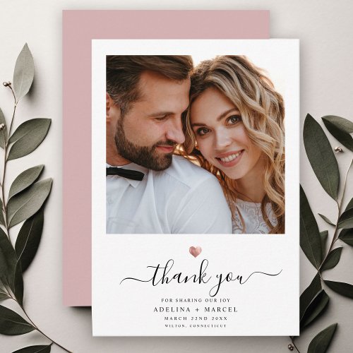 Modern Calligraphy Rose Gold Heart Wedding Photo Thank You Card