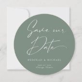 Modern Calligraphy Round Circle Sage Green Photo Save The Date (Front)