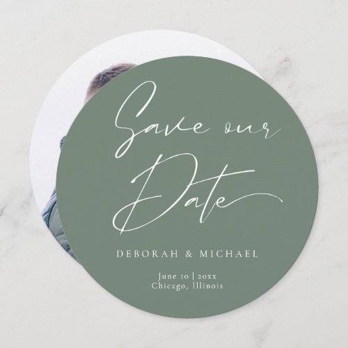 Modern Calligraphy Round Circle Sage Green Photo Save The Date