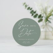 Modern Calligraphy Round Circle Sage Green Photo Save The Date (Standing Front)