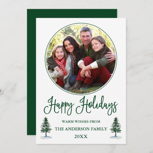 Modern Calligraphy Round Photo Frame Green Pines Holiday Card