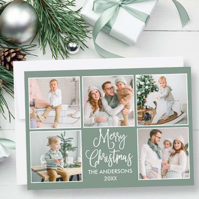 Modern Calligraphy Sage Green 5 Photo Christmas Holiday Card (Customize to change background color of card or to add text to back of card.)