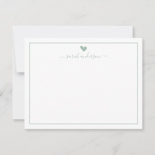 Modern Calligraphy Sage Green Heart Personalized Note Card (Front)