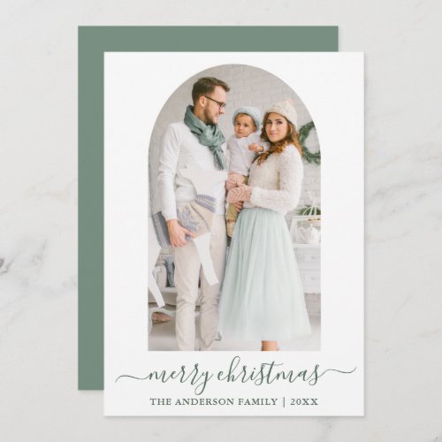 Modern Calligraphy Sage Green Photo Arch Christmas Holiday Card