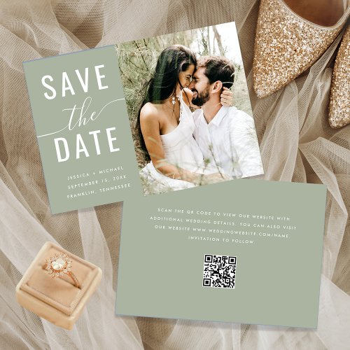 Modern Calligraphy Sage Green Photo QR Code  Save The Date