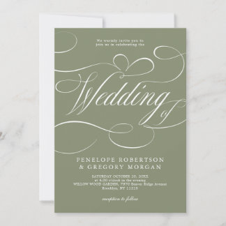 Modern calligraphy Sage Green QR code wedding Invitation