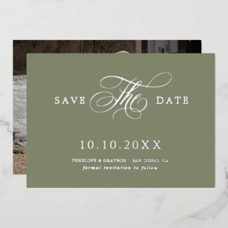 Modern calligraphy Sage Green Silver Save the Date Foil Invitation