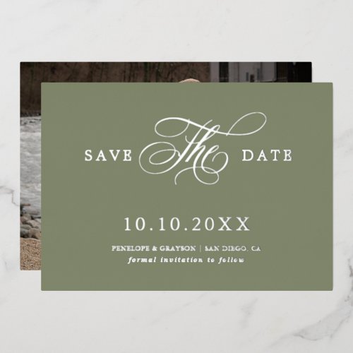 Modern calligraphy Sage Green Silver Save the Date Foil Invitation