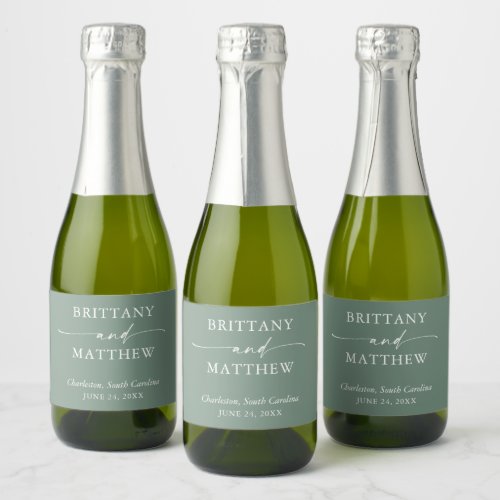 Modern Calligraphy Sage Green Wedding Mini Sparkling Wine Label