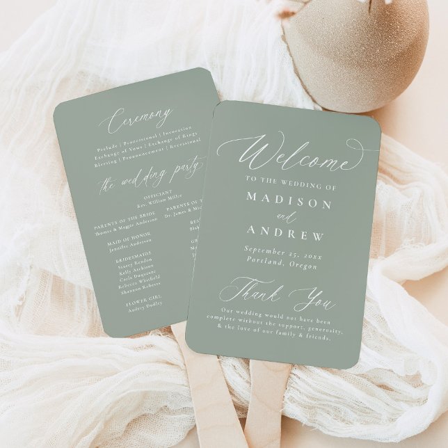 Modern Calligraphy Sage Green Wedding Program Hand Fan (Creator Uploaded)