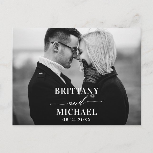 Modern Calligraphy Save The Date Black and White Postcard (Front)