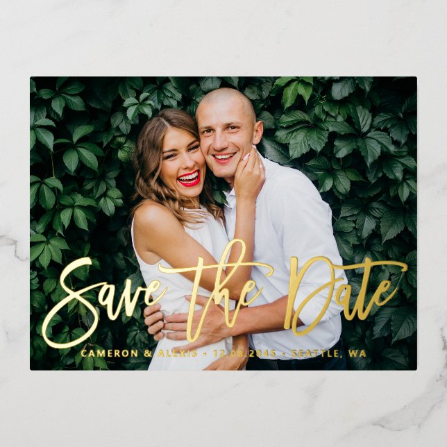 Modern Calligraphy Save the Date Horizontal Photo Foil Invitation Postcard (Front)