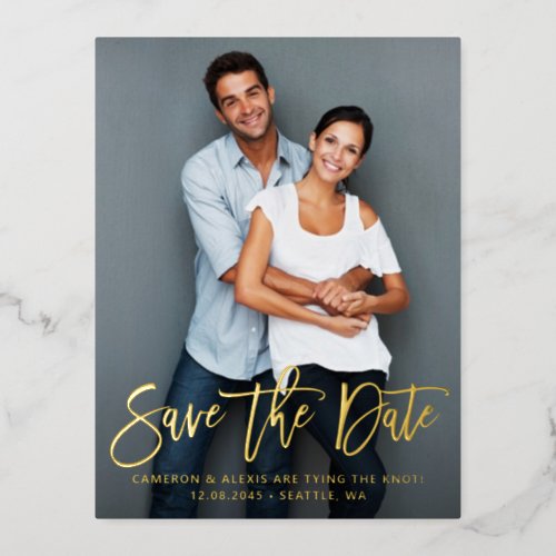 Modern Calligraphy Save the Date Vertical Photo Foil Invitation Postcard