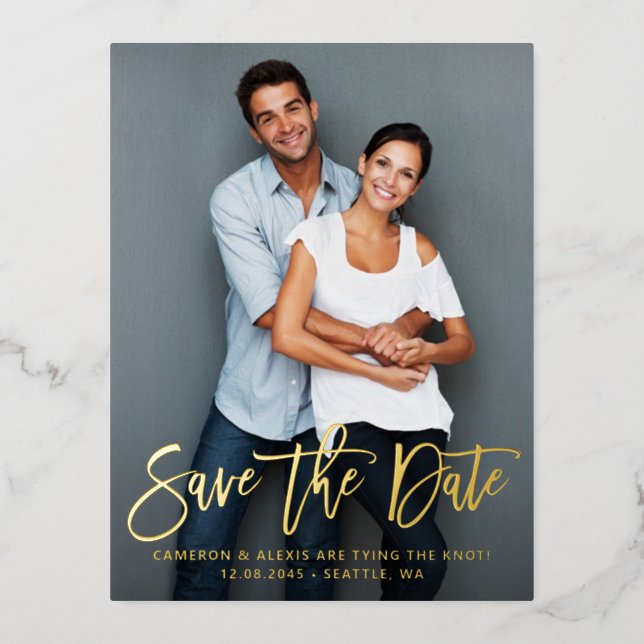 Modern Calligraphy Save the Date Vertical Photo Foil Invitation Postcard (Front)