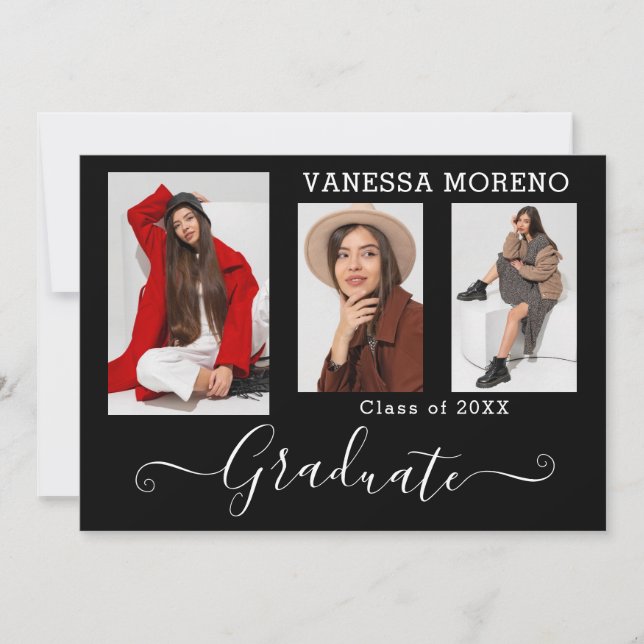 Modern Calligraphy Script 3 Photo BxW Graduation Announcement (Front)