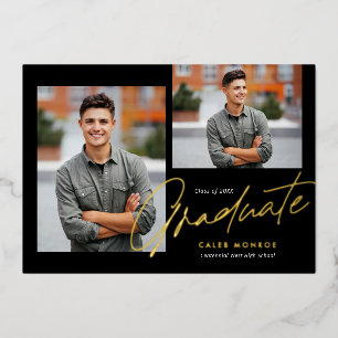 Modern Calligraphy Script 3 Photo Graduation  Foil Invitation