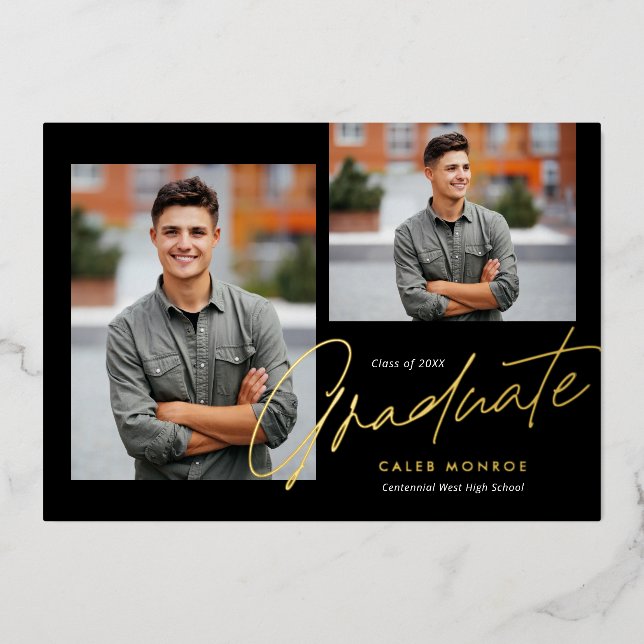 Modern Calligraphy Script 3 Photo Graduation  Foil Invitation (Front)