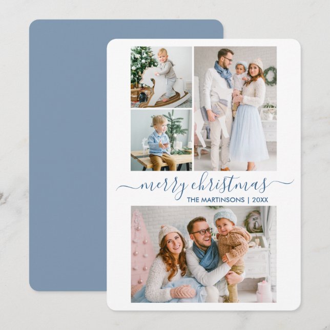 Modern Calligraphy Script 4 Photo Christmas Blue Holiday Card (Front/Back)