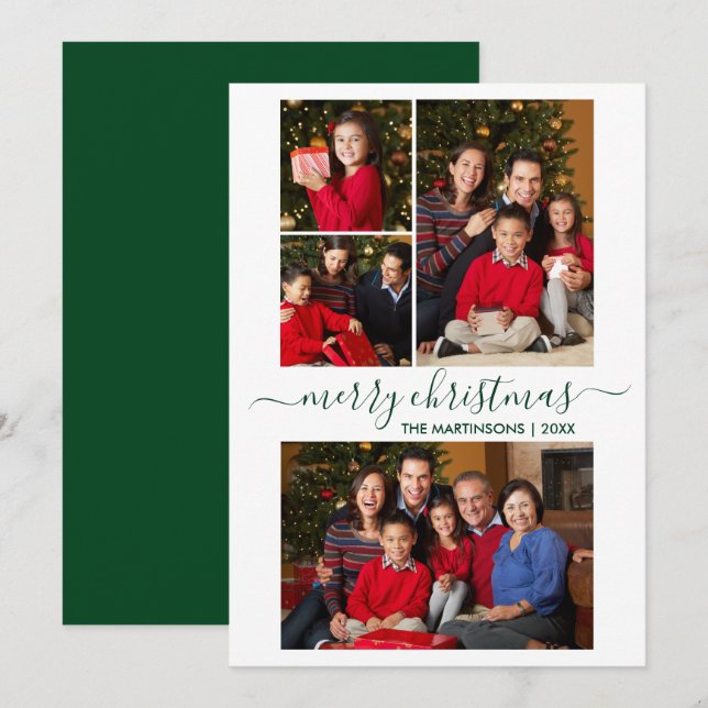 Modern Calligraphy Script 4 Photo Christmas Green Holiday Card (Front/Back)