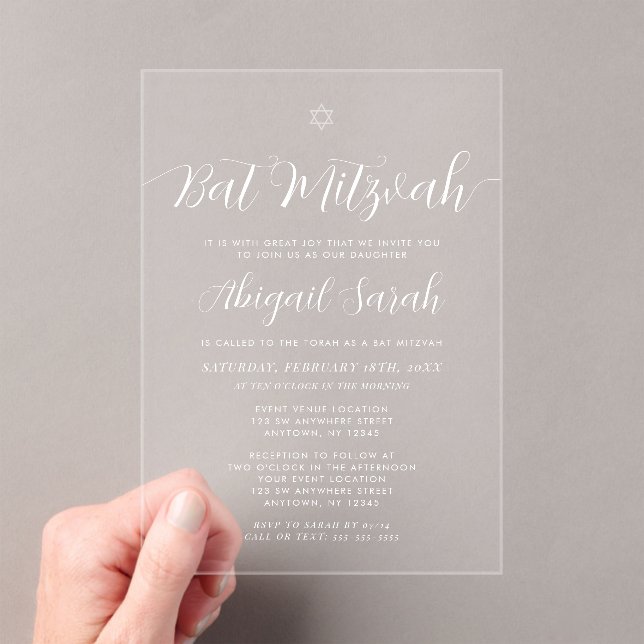 Modern Calligraphy Script Bat Mitzvah Acrylic Invitations (Insitu (Handheld))