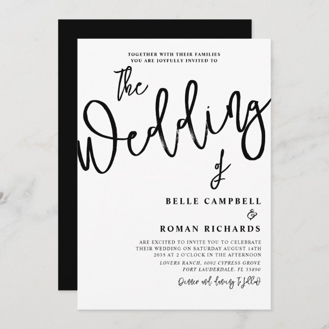 Modern Calligraphy Script Black & White Wedding Invitation (Front/Back)