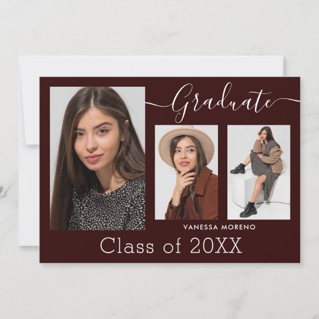 Modern Calligraphy Script Brgdy 3 Photo Graduation Announcement (Front)