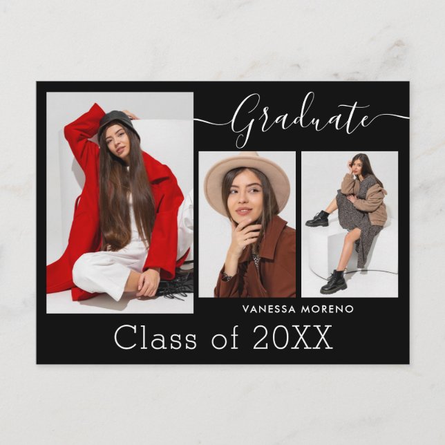 Modern Calligraphy Script BxW 3 Photo Graduation Postcard (Front)