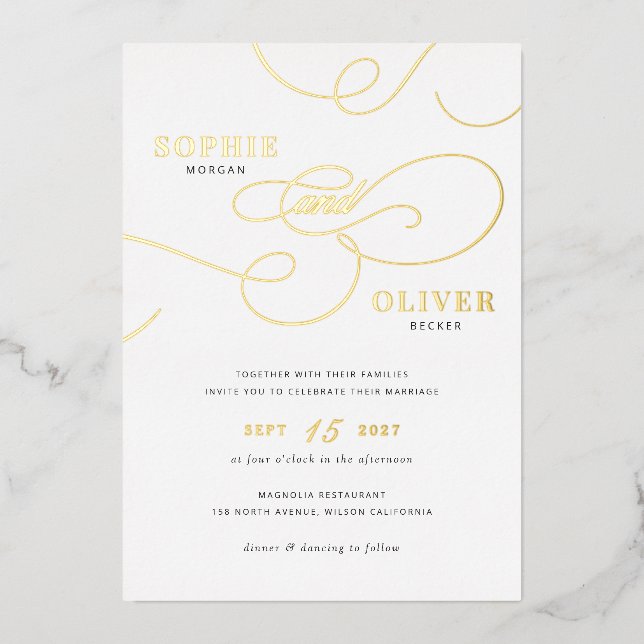 Modern Calligraphy Script Elegant Wedding Gold Foil Invitation (Front)