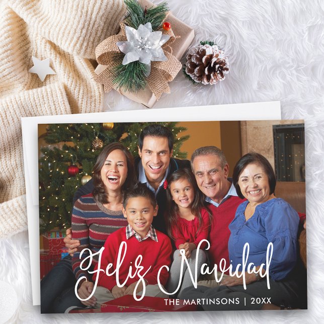 Modern Calligraphy Script Feliz Navidad Photo Holiday Card (Customize to add text to back of card.)