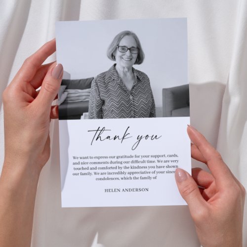 Modern Calligraphy Script Funeral Photo Sympathy Thank You Card