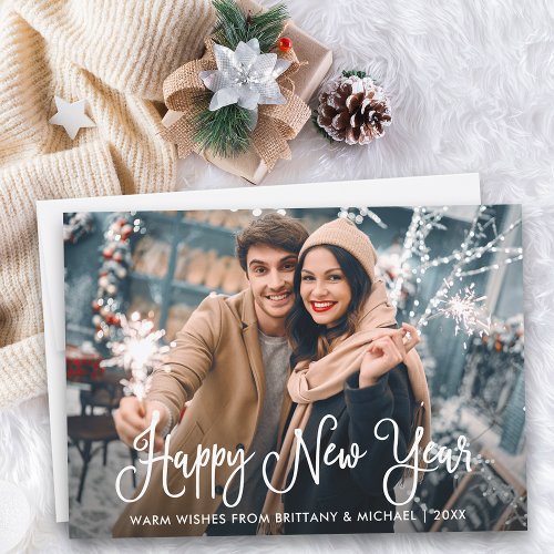 Modern Calligraphy Script Happy New Year Photo Holiday Card