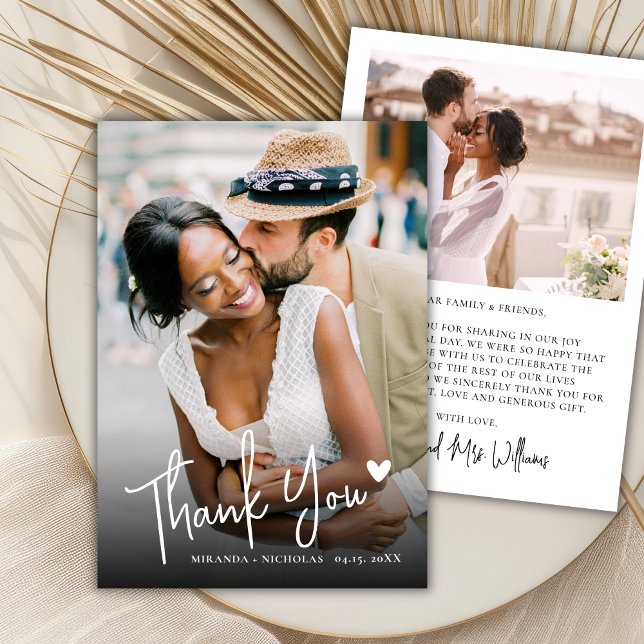 Modern Calligraphy Script Heart 2 Photo Wedding  Thank You Card (Creator Uploaded)