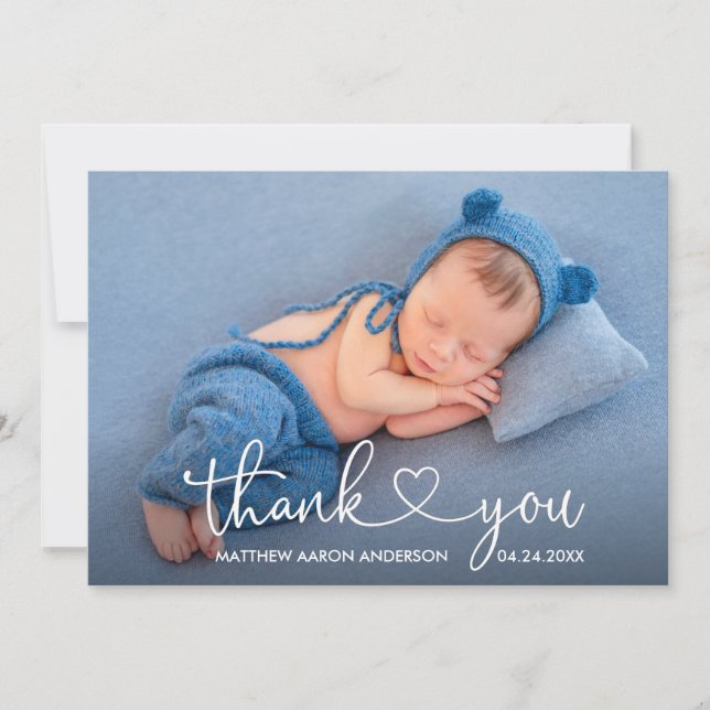 Modern Calligraphy Script Heart Baby Photo Thank You Card (Front)