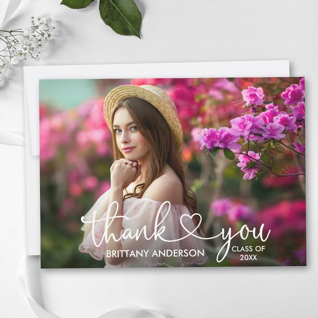 Modern Calligraphy Script Heart Photo Graduation Thank You Card (Customize to add text to back of card.)