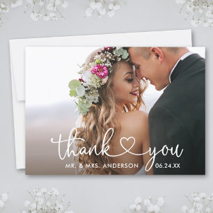 Modern Calligraphy Script Heart Photo Wedding Thank You Card