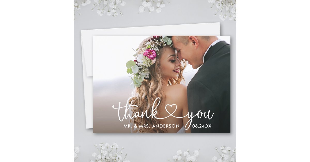 Modern Calligraphy Script Heart Photo Wedding Thank You Card | Zazzle