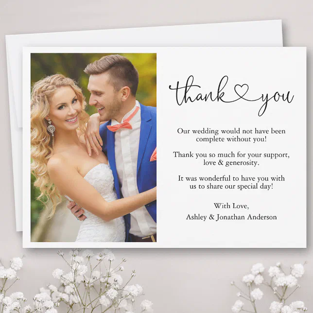 Modern Calligraphy Script Heart Photo Wedding Thank You Card | Zazzle