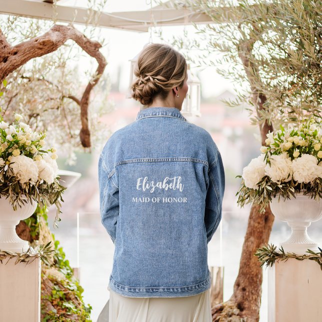 Modern Calligraphy Script Maid of Honor Wedding Denim Jacket (Creator Uploaded)