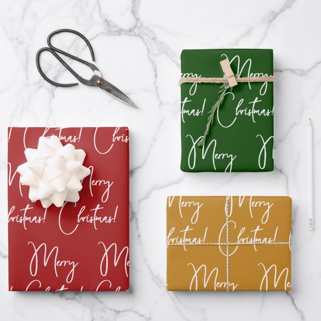 Modern Calligraphy Script Merry Christmas Wrapping Paper Sheets (Front)