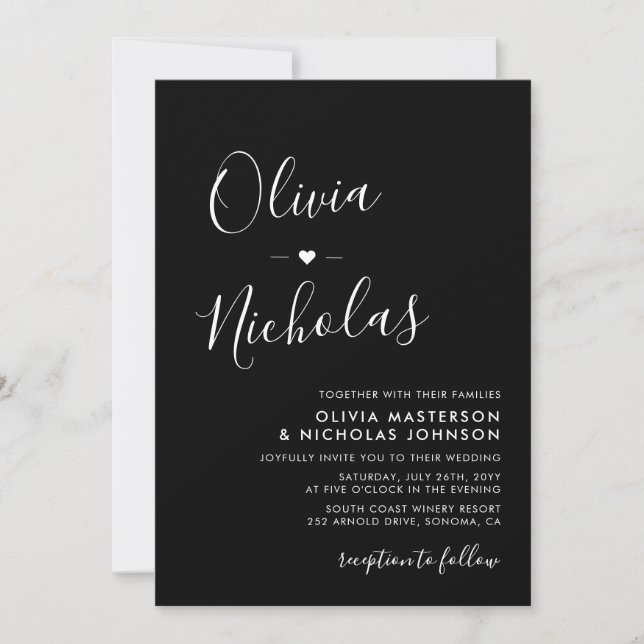 Modern Calligraphy Script Monogram Black Wedding Invitation (Front)