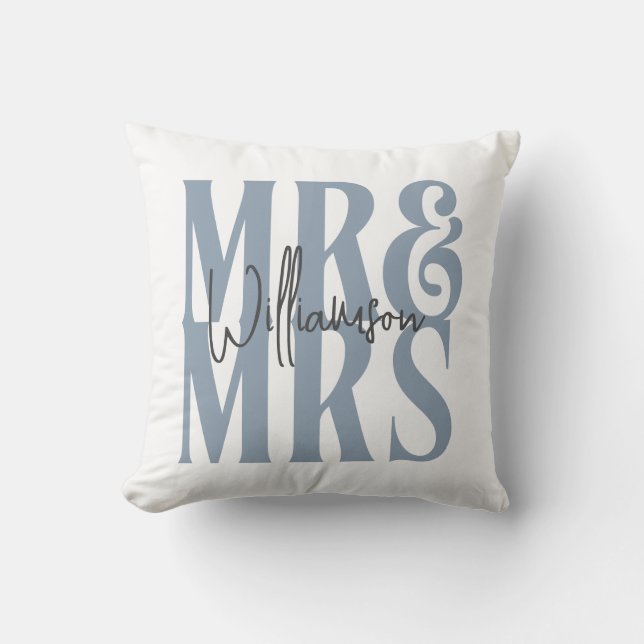Modern Calligraphy Script Mr Mrs Wedding Blue Throw Pillow (Front)