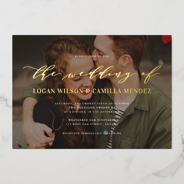 Modern Calligraphy Script Photo Wedding REAL Foil Invitation (Front)
