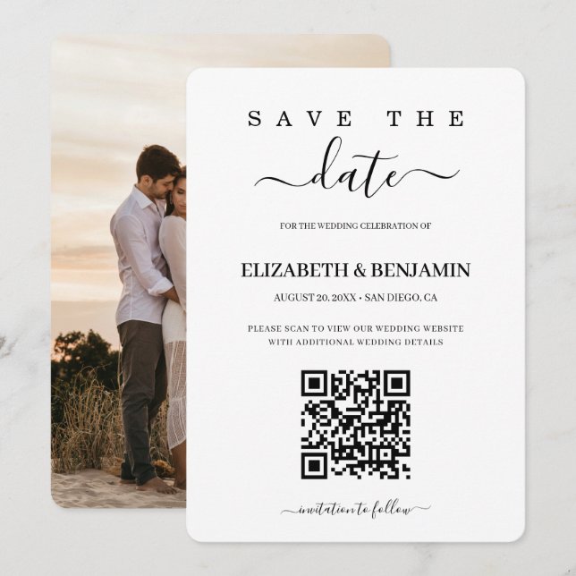 Modern Calligraphy Script QR Code Photo Save The D Date (Front/Back)