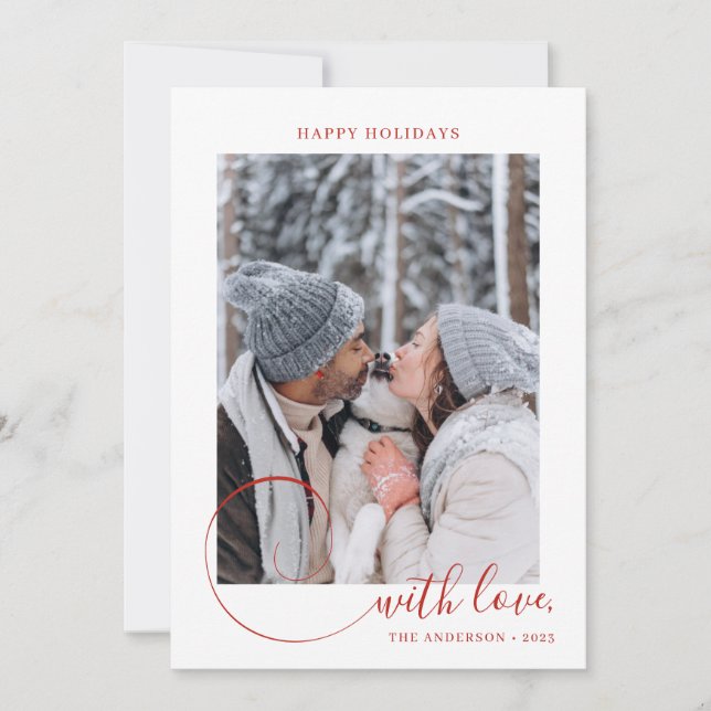Modern Calligraphy Script Red 3 Photo Christmas Holiday Card (Front)